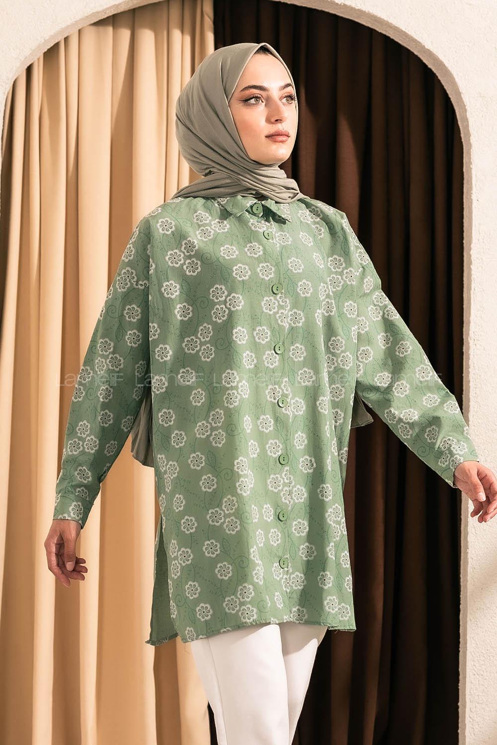 Modalamelif Önü Boydan Düğmeli Çiçek Desenli Yırtmaçlı Tunik Gömlek Çağla Yeşili