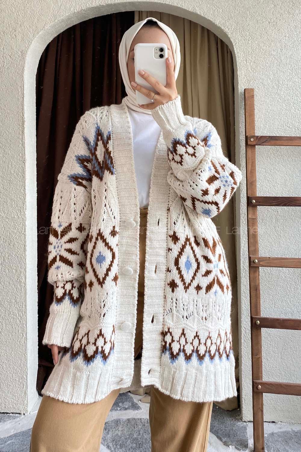 Modalamelif Önü Boydan Düğmeli Etnik Desenli Triko Hırka Bej