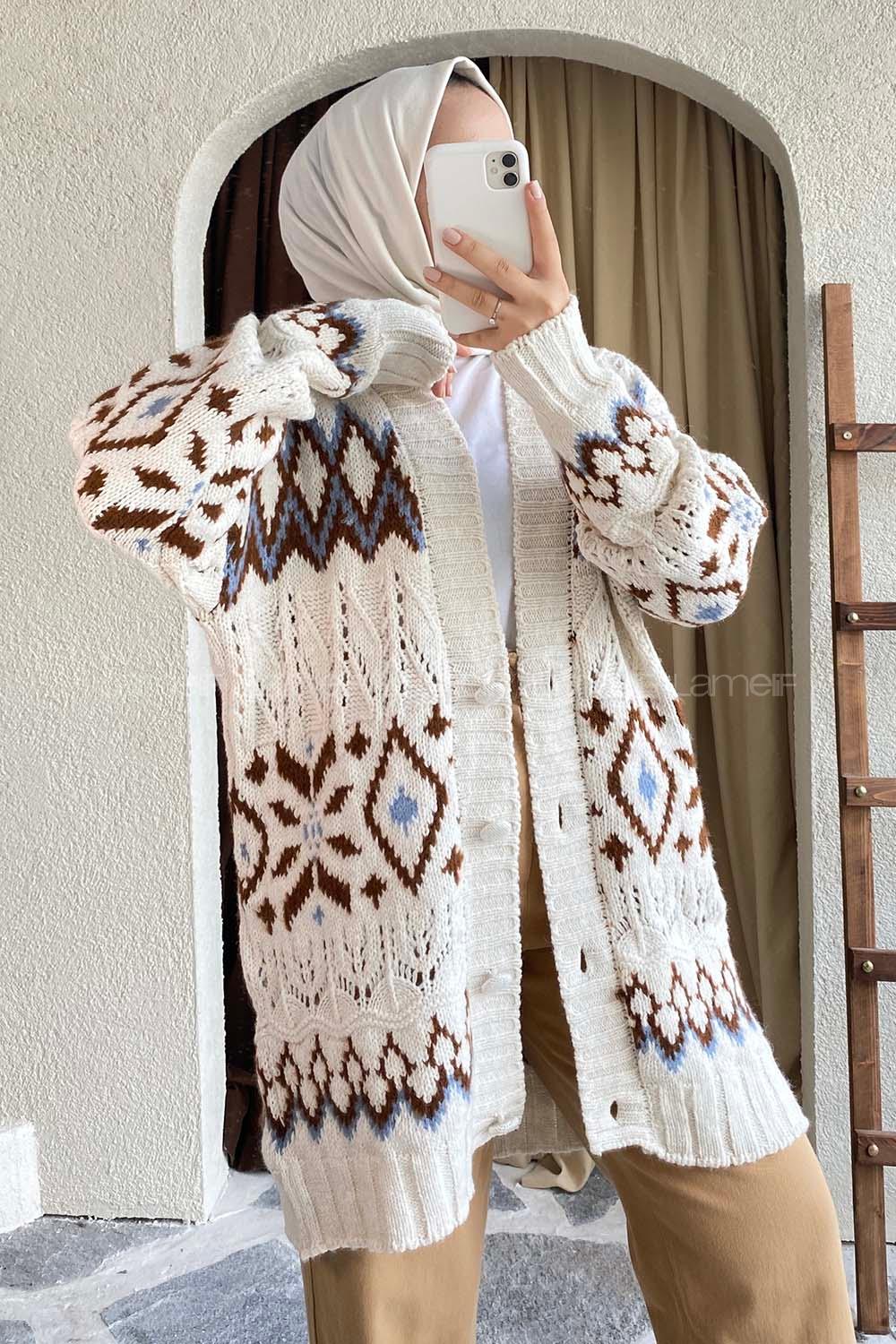 Modalamelif Önü Boydan Düğmeli Etnik Desenli Triko Hırka Bej