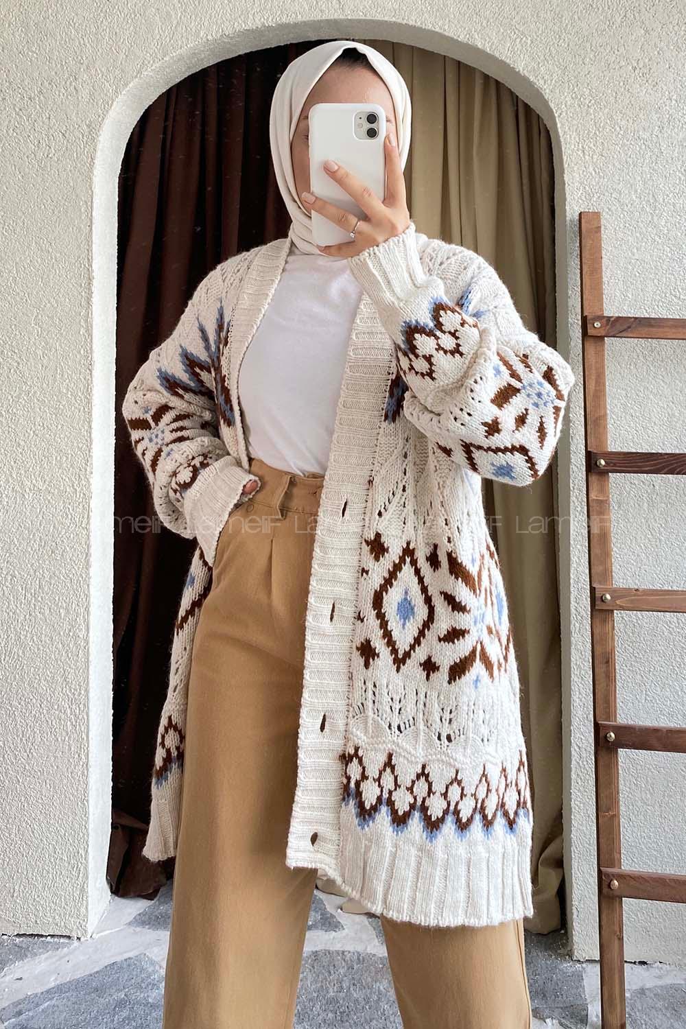 Modalamelif Önü Boydan Düğmeli Etnik Desenli Triko Hırka Bej