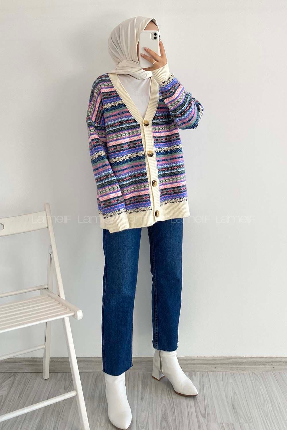 Modalamelif Önü Boydan Düğmeli Kilim Desenli Triko Hırka Çokrenkli