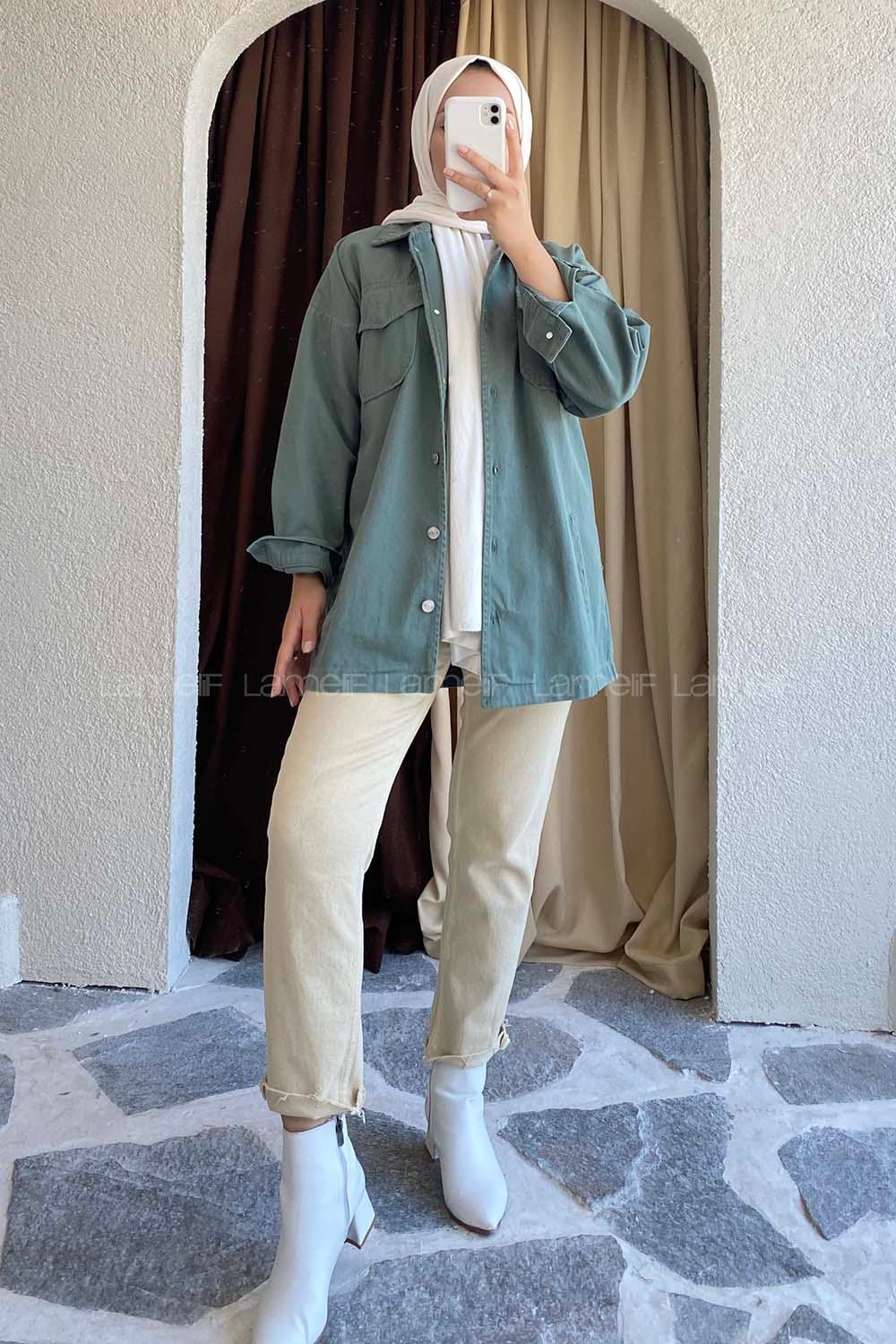 Modalamelif Önü Metal Düğmeli Dört Cepli Gabardin Gömlek Pastel Yeşili