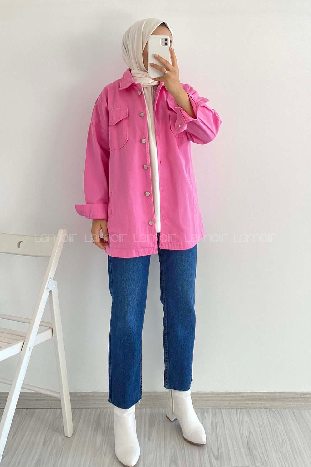 Modalamelif Önü Metal Düğmeli Dört Cepli Gabardin Gömlek Pembe