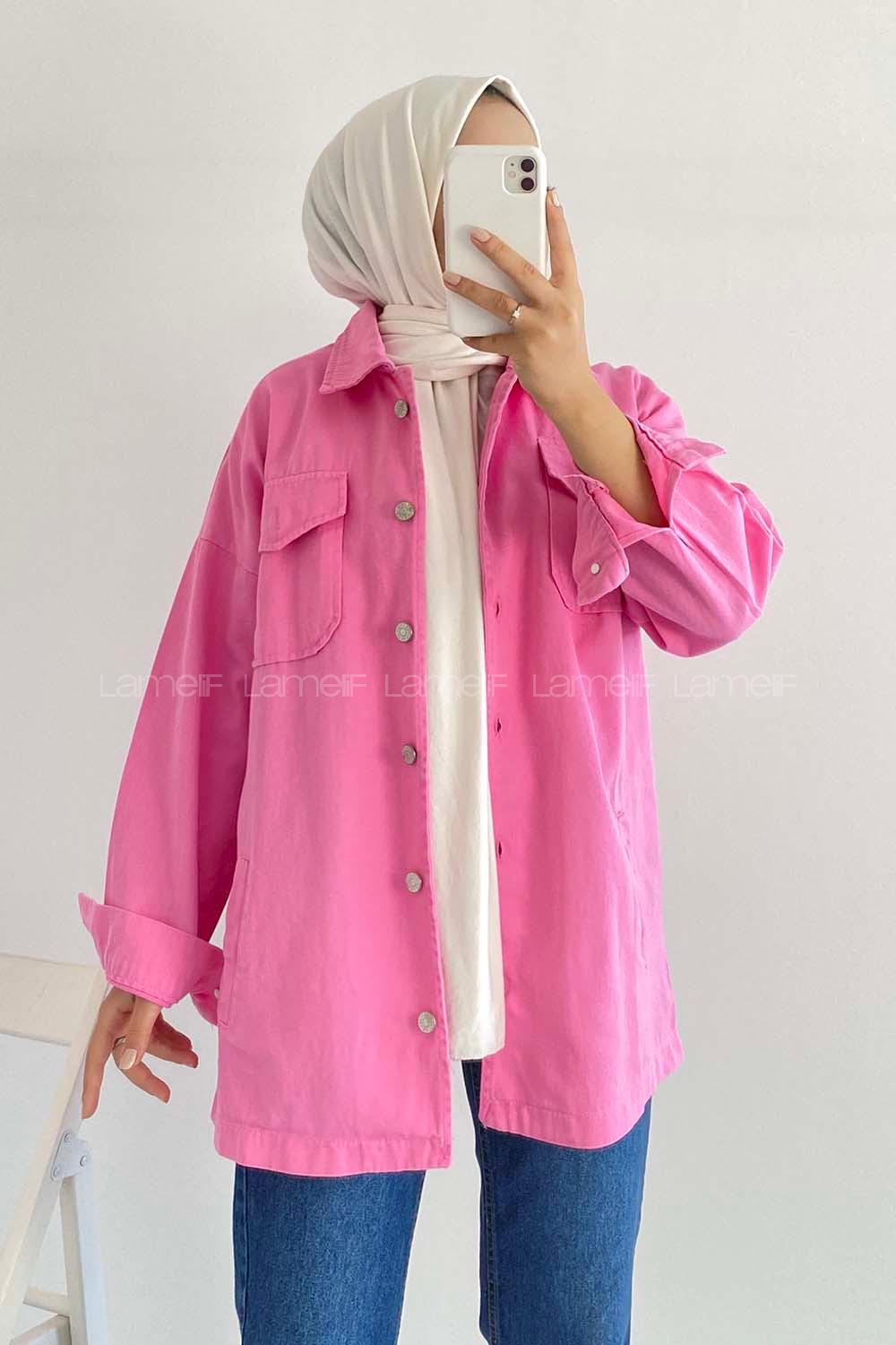 Modalamelif Önü Metal Düğmeli Dört Cepli Gabardin Gömlek Pembe