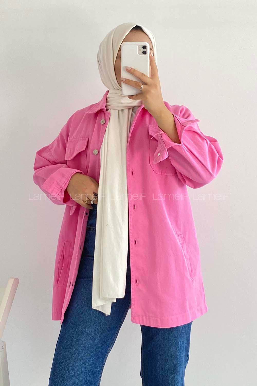 Modalamelif Önü Metal Düğmeli Dört Cepli Gabardin Gömlek Pembe