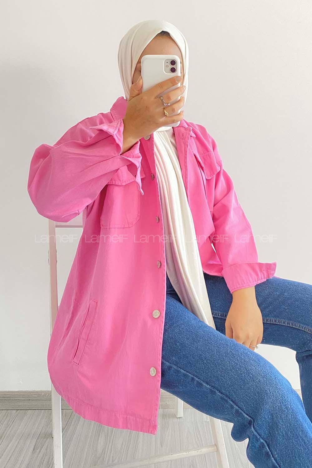 Modalamelif Önü Metal Düğmeli Dört Cepli Gabardin Gömlek Pembe