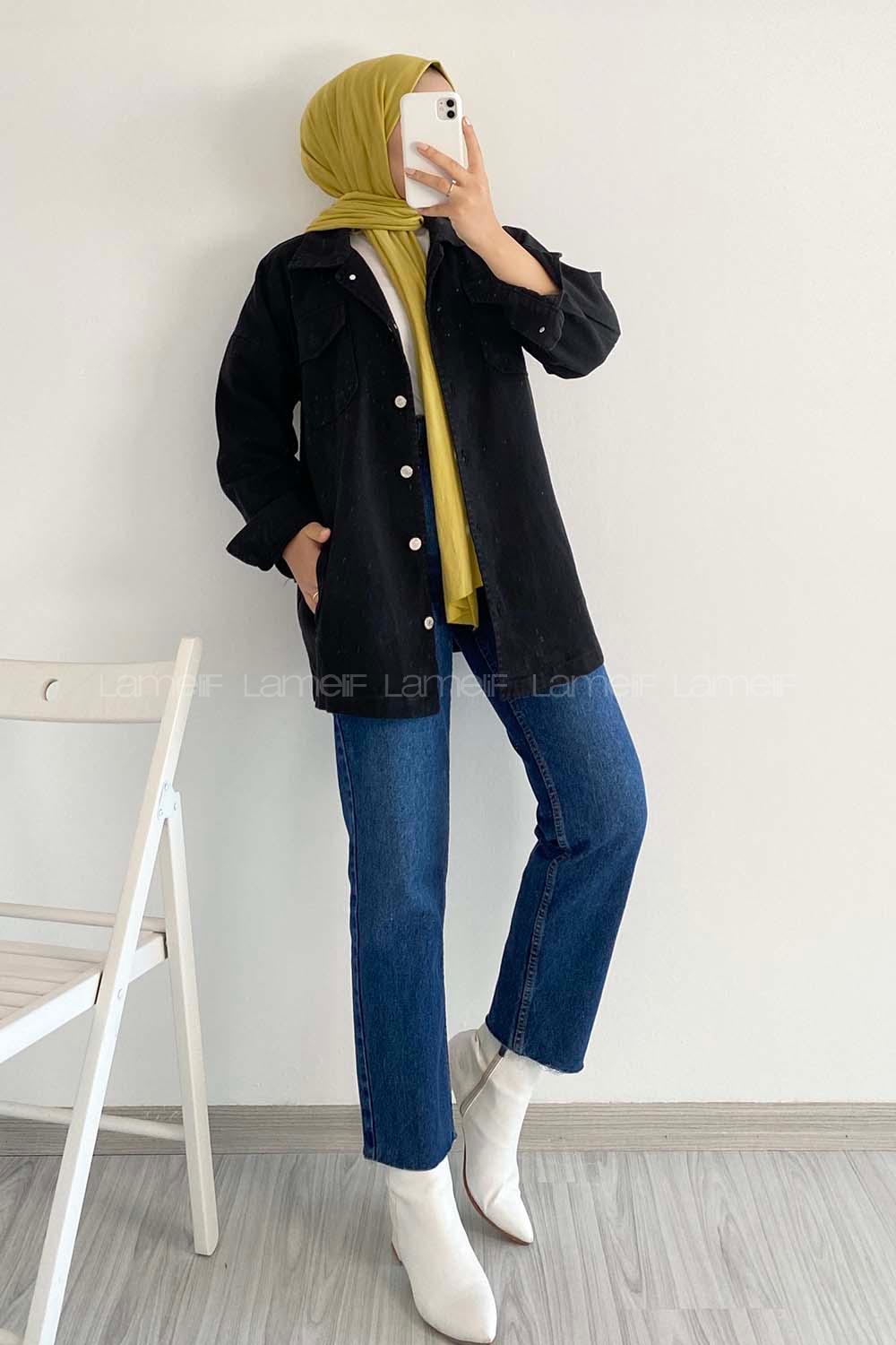 Modalamelif Önü Metal Düğmeli Dört Cepli Gabardin Gömlek Siyah