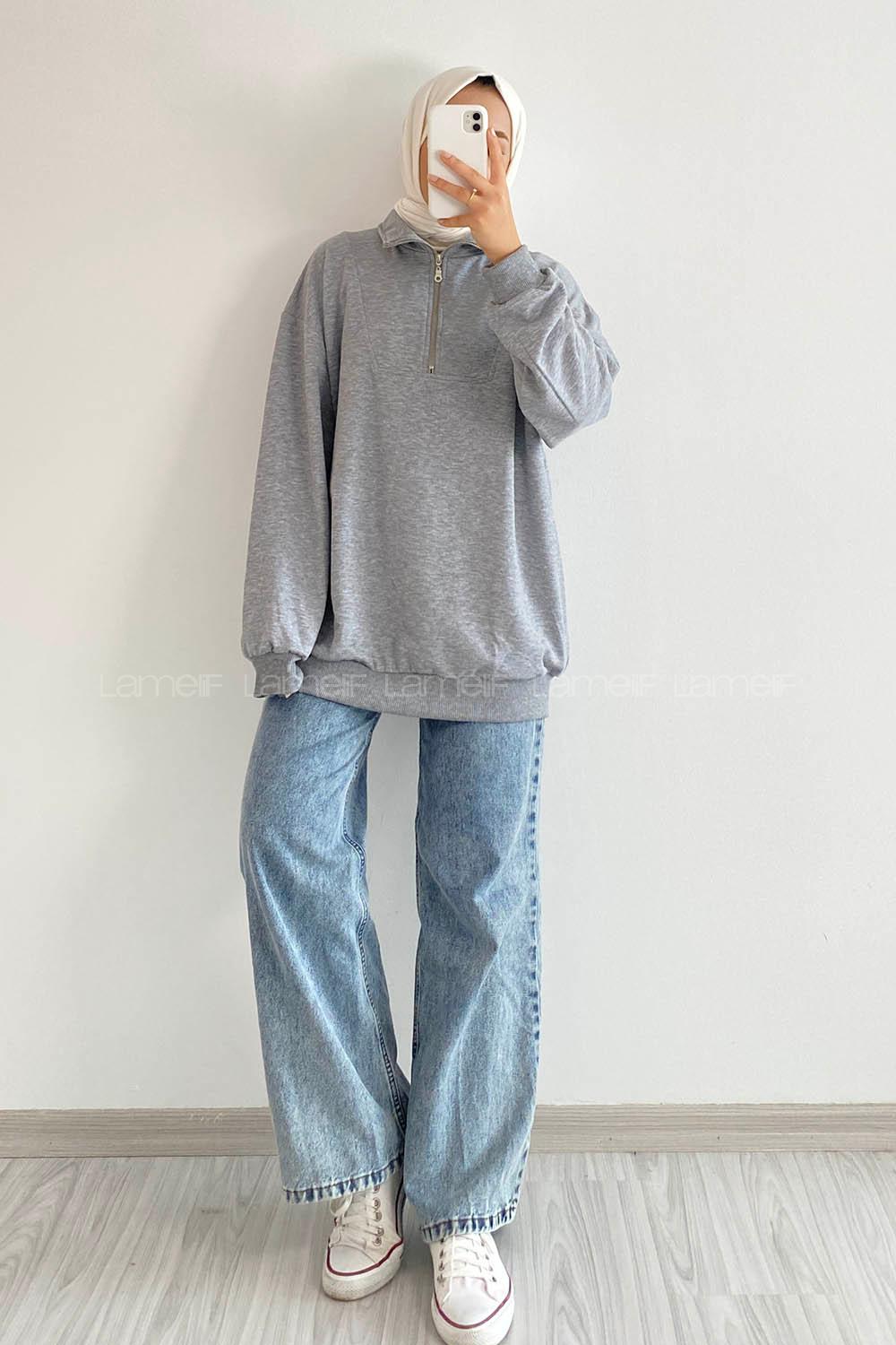 Modalamelif Önü Yarım Fermuarlı Etek Ucu Lastik Detaylı Sweat Gri