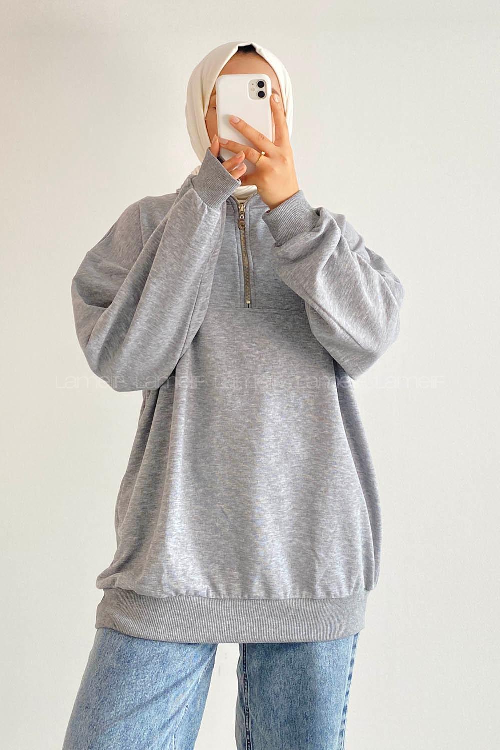 Modalamelif Önü Yarım Fermuarlı Etek Ucu Lastik Detaylı Sweat Gri