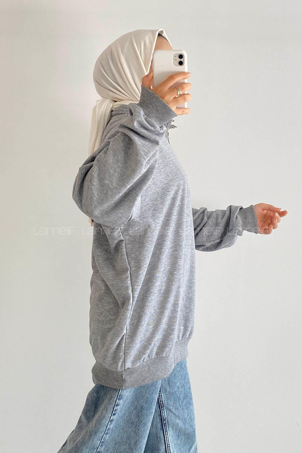 Modalamelif Önü Yarım Fermuarlı Etek Ucu Lastik Detaylı Sweat Gri