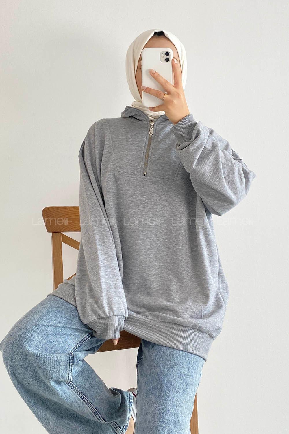 Modalamelif Önü Yarım Fermuarlı Etek Ucu Lastik Detaylı Sweat Gri