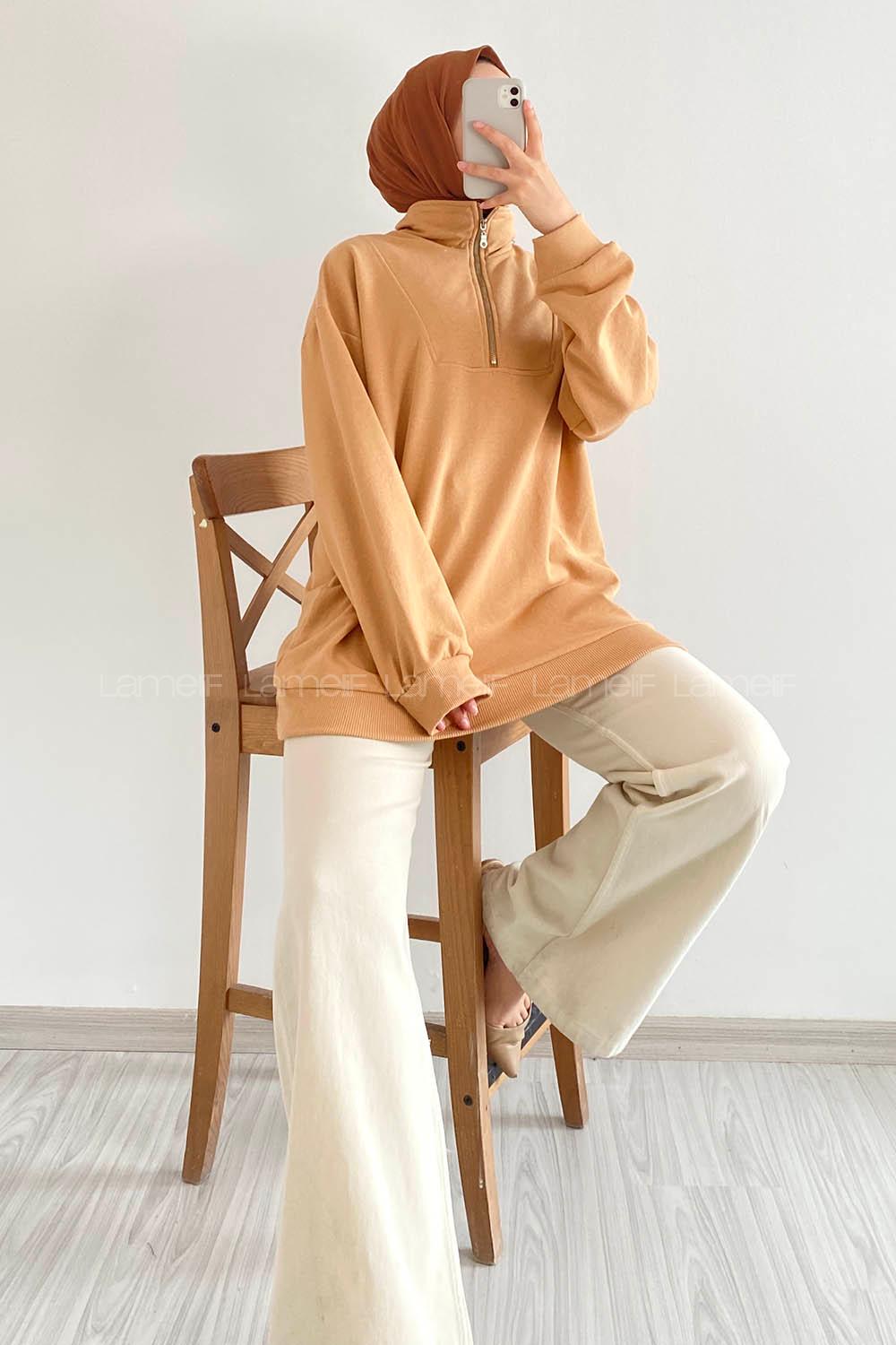 Modalamelif Önü Yarım Fermuarlı Etek Ucu Lastik Detaylı Sweat Karamel