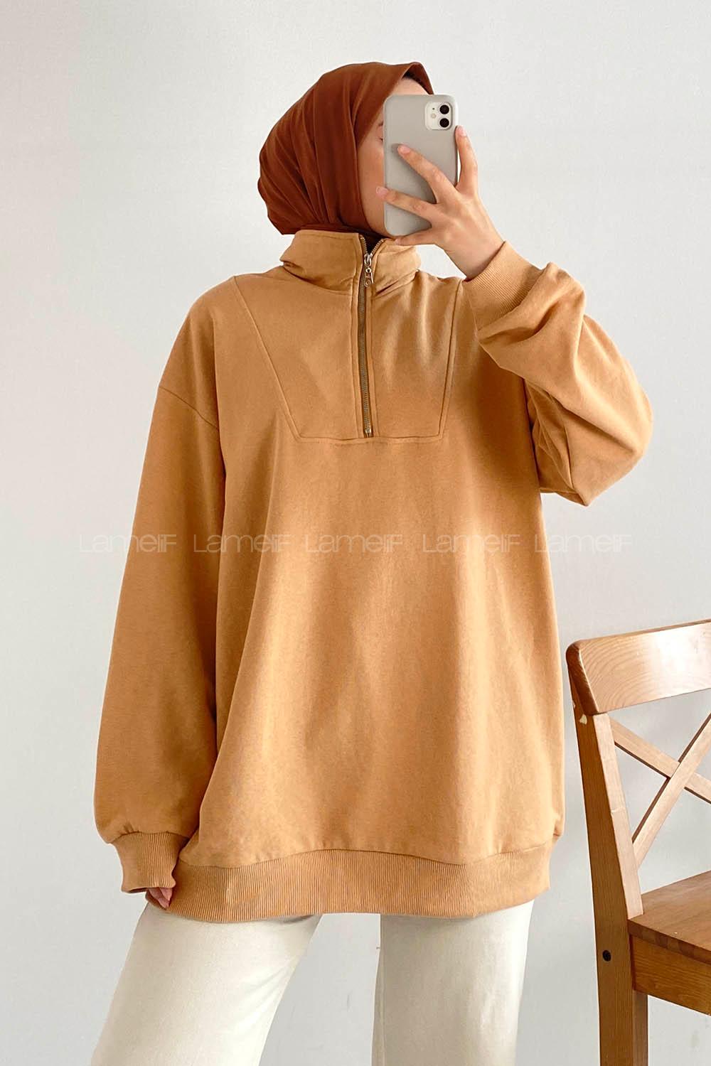 Modalamelif Önü Yarım Fermuarlı Etek Ucu Lastik Detaylı Sweat Karamel