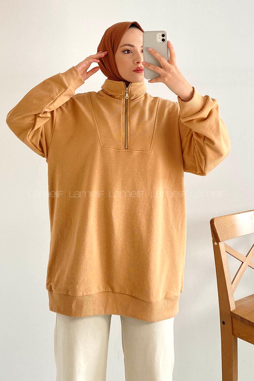 Modalamelif Önü Yarım Fermuarlı Etek Ucu Lastik Detaylı Sweat Karamel