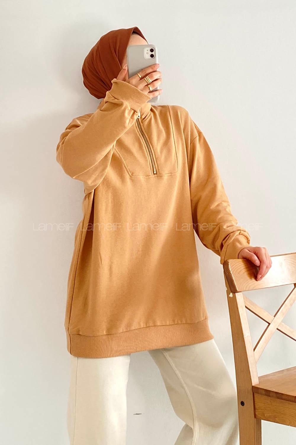 Modalamelif Önü Yarım Fermuarlı Etek Ucu Lastik Detaylı Sweat Karamel