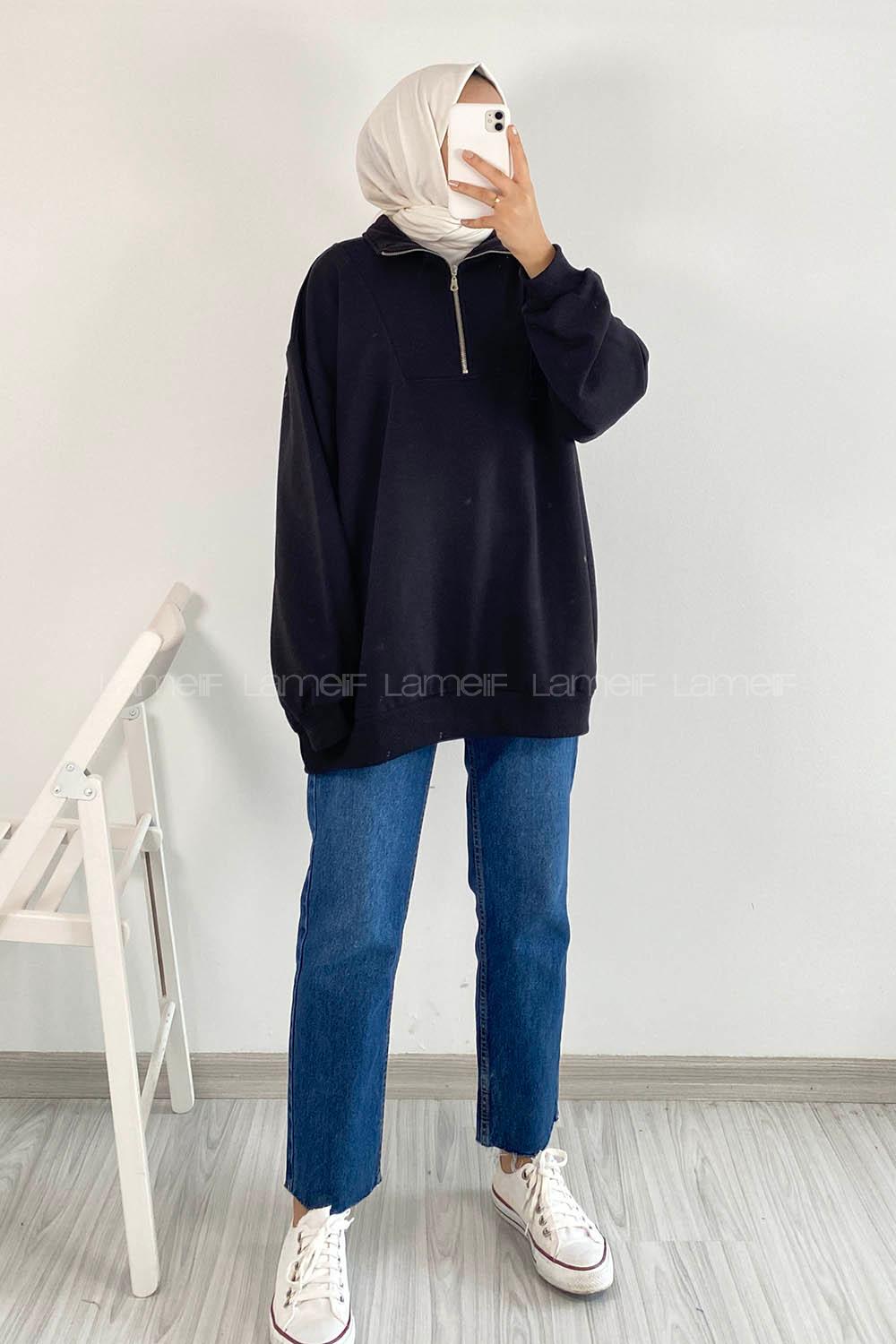 Modalameliff Önü Yarım Fermuarlı Etek Ucu Lastik Detaylı Sweat Siyah