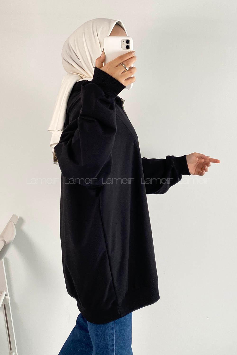 Modalameliff Önü Yarım Fermuarlı Etek Ucu Lastik Detaylı Sweat Siyah