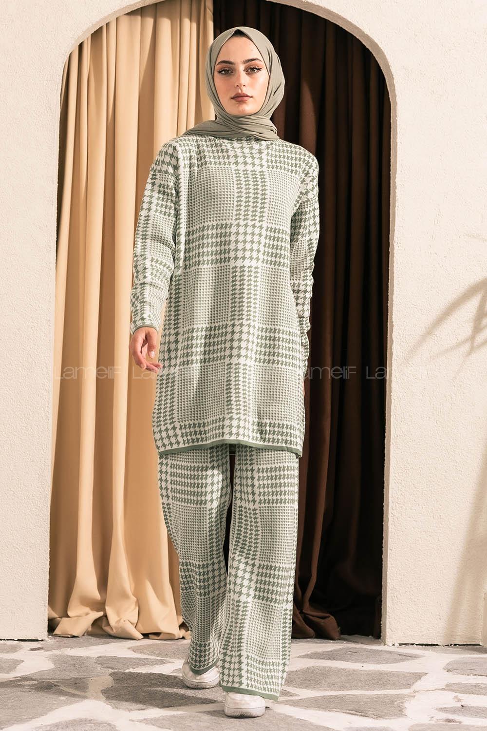 Modalamelif Yarım Balıkçı Yaka Kazayağı Desen Takım Çağla