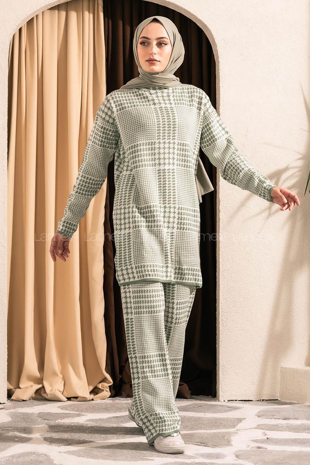 Modalamelif Yarım Balıkçı Yaka Kazayağı Desen Takım Çağla