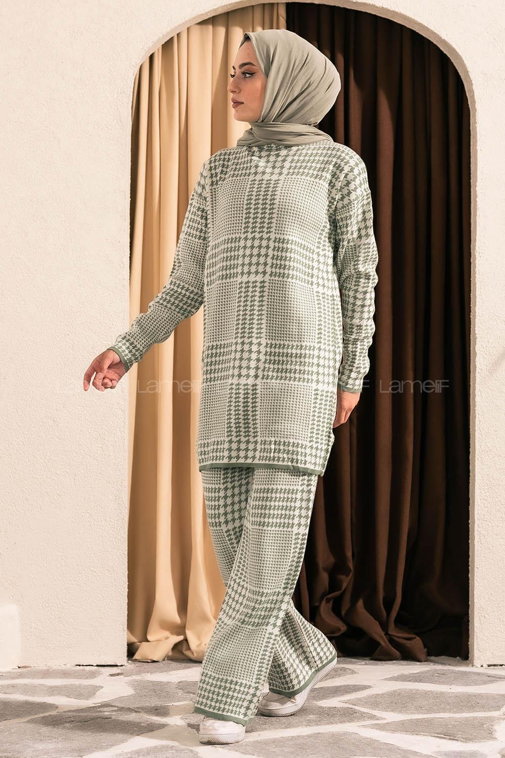 Modalamelif Yarım Balıkçı Yaka Kazayağı Desen Takım Çağla