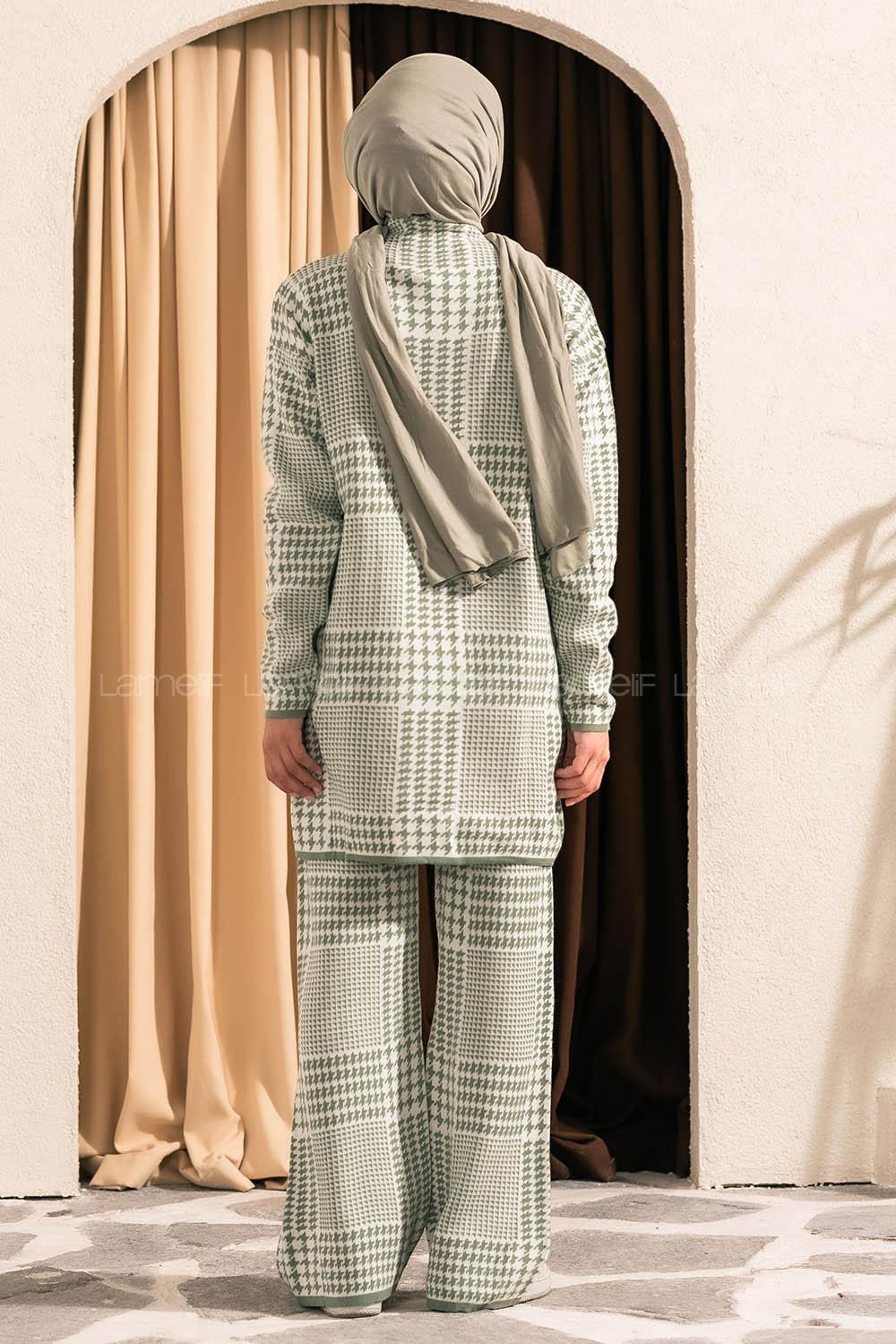 Modalamelif Yarım Balıkçı Yaka Kazayağı Desen Takım Çağla