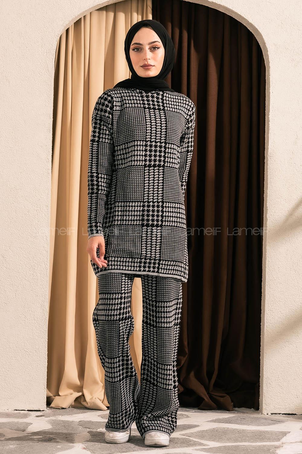 Modalamelif Yarım Balıkçı Yaka Kazayağı Desen Takım Gri