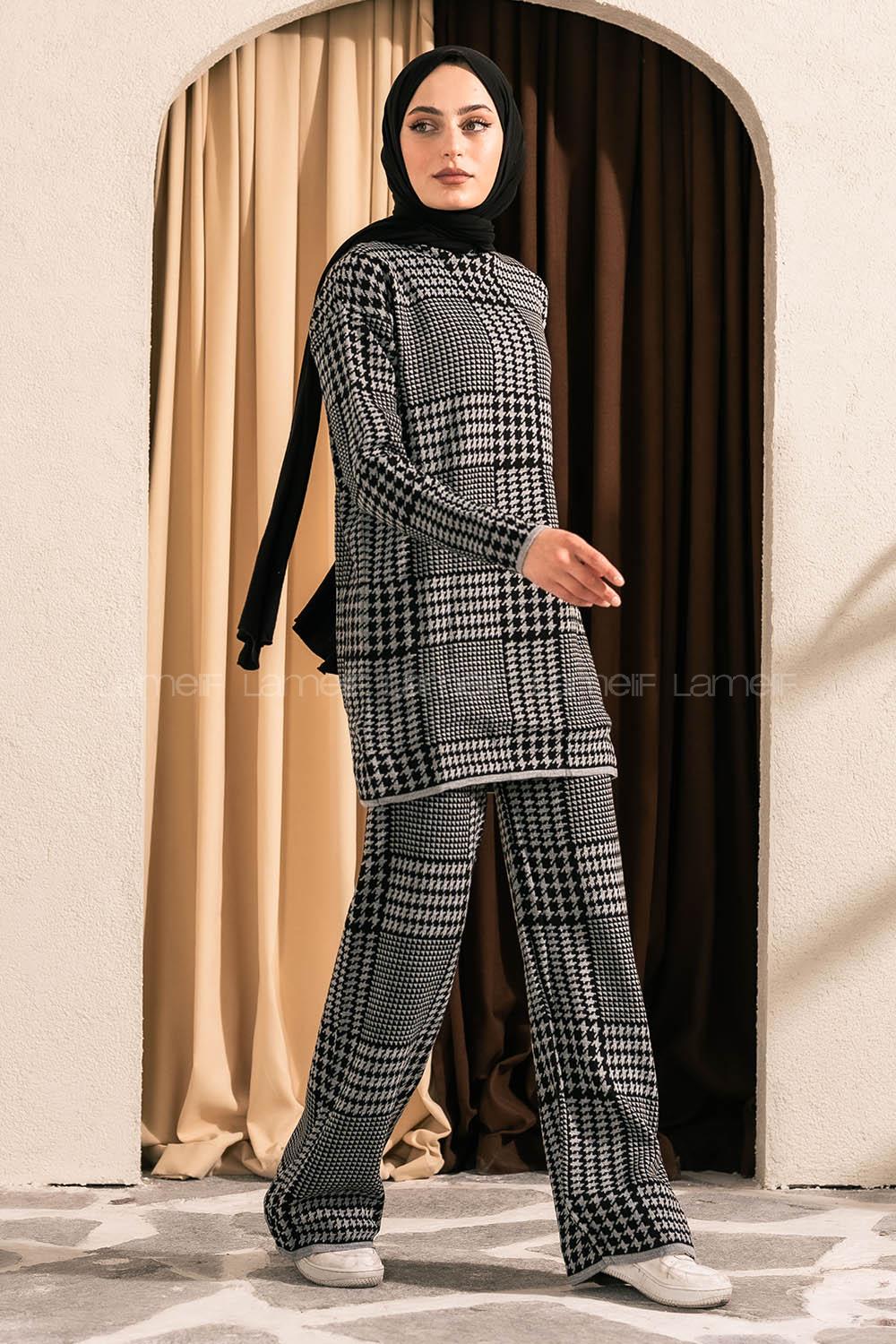 Modalamelif Yarım Balıkçı Yaka Kazayağı Desen Takım Gri