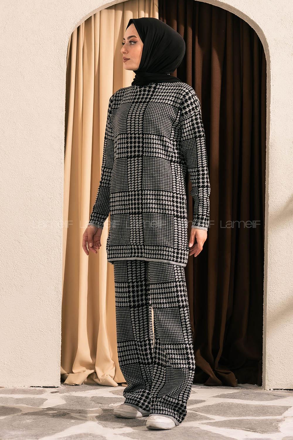 Modalamelif Yarım Balıkçı Yaka Kazayağı Desen Takım Gri