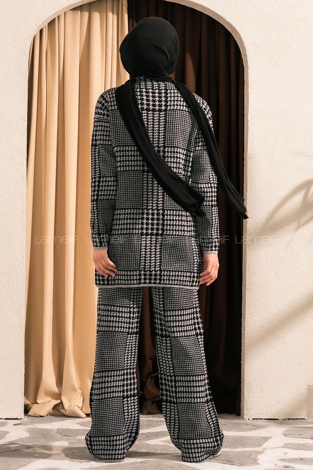 Modalamelif Yarım Balıkçı Yaka Kazayağı Desen Takım Gri