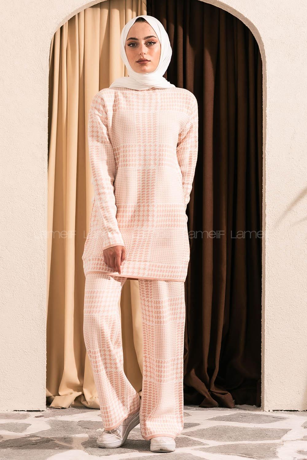 Modalamelif Yarım Balıkçı Yaka Kazayağı Desen Takım Pudra