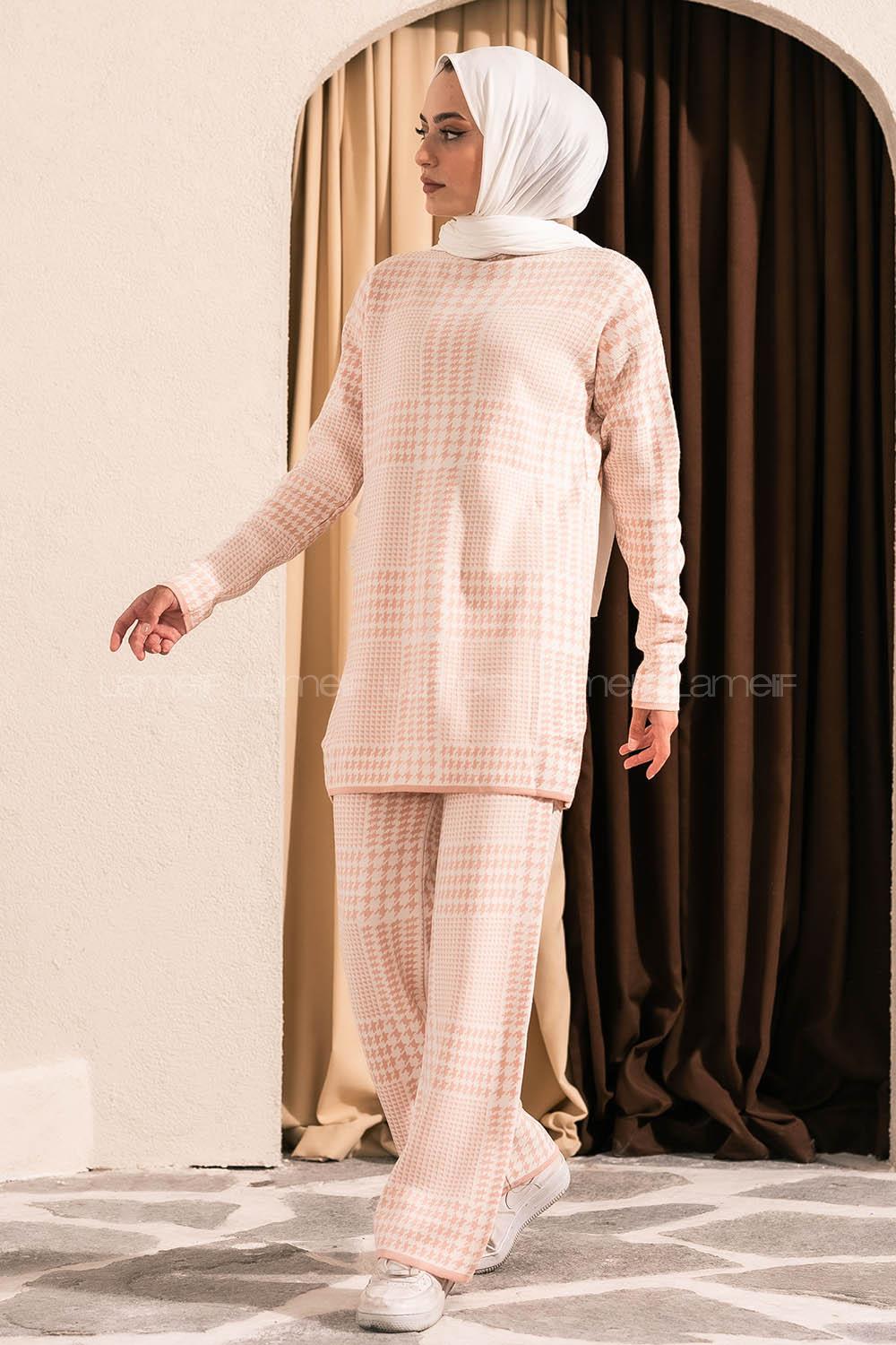 Modalamelif Yarım Balıkçı Yaka Kazayağı Desen Takım Pudra