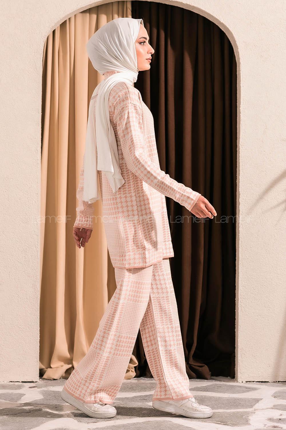 Modalamelif Yarım Balıkçı Yaka Kazayağı Desen Takım Pudra