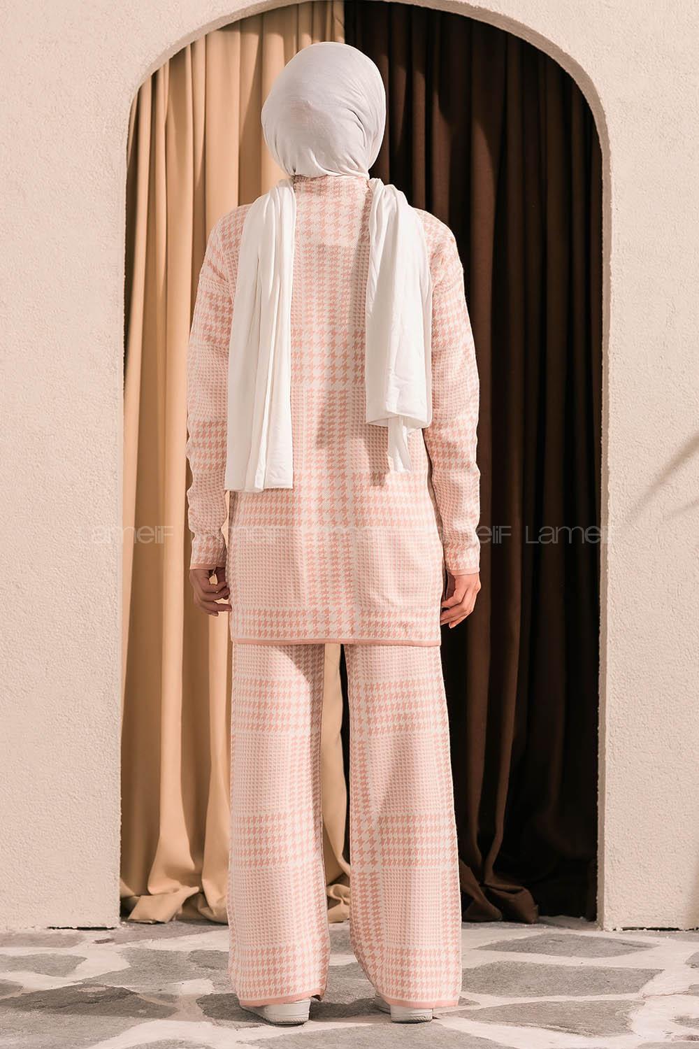 Modalamelif Yarım Balıkçı Yaka Kazayağı Desen Takım Pudra