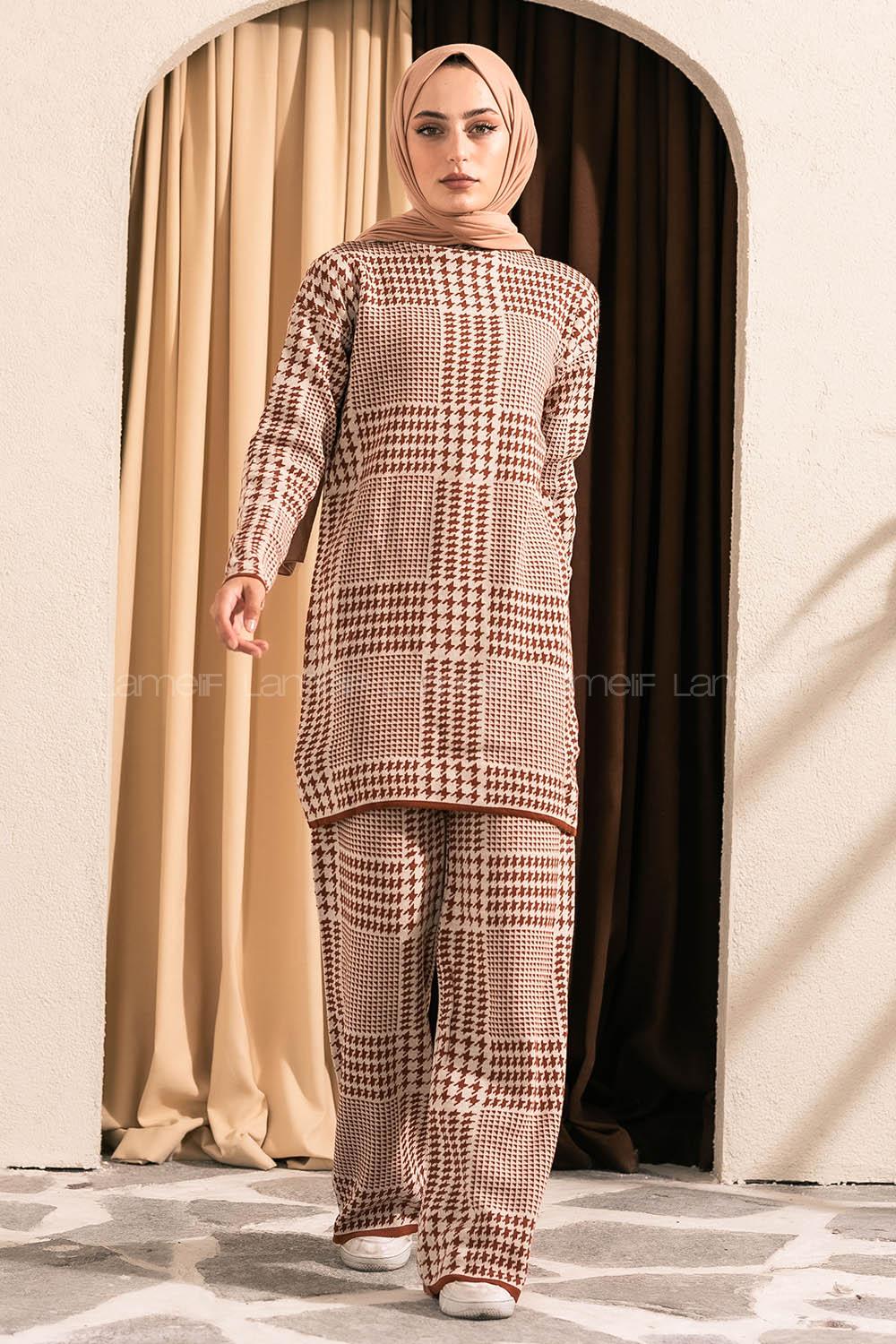 Modalamelif Yarım Balıkçı Yaka Kazayağı Desen Takım Taba