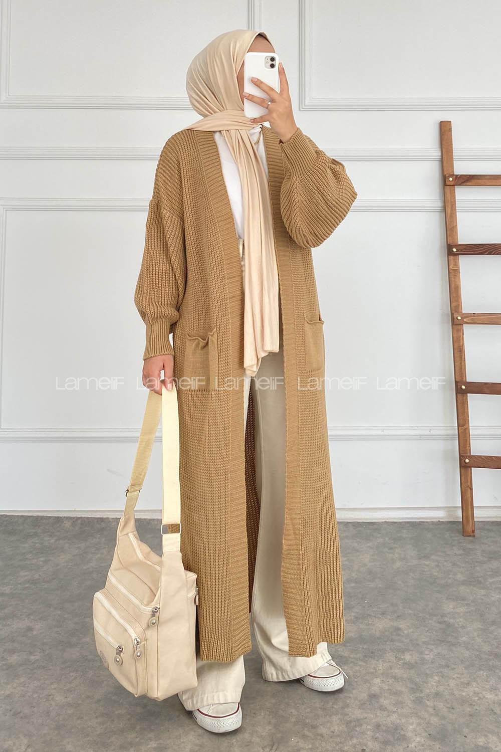 Modalamelif Balon Kol Cep Detaylı Triko Hırka Sütlü Kahve