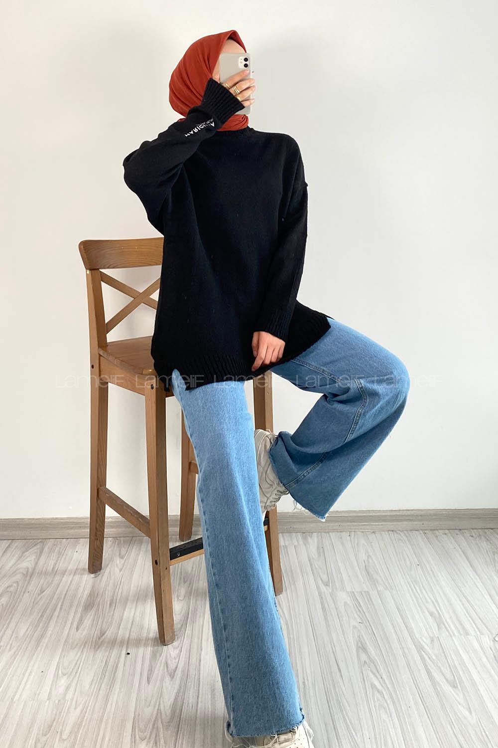 Modalamelif Bisiklet Yaka Kolu Yazı Nakış Detaylı Bertie Triko Kazak Siyah