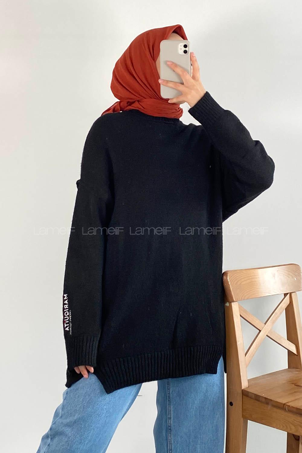 Modalamelif Bisiklet Yaka Kolu Yazı Nakış Detaylı Bertie Triko Kazak Siyah