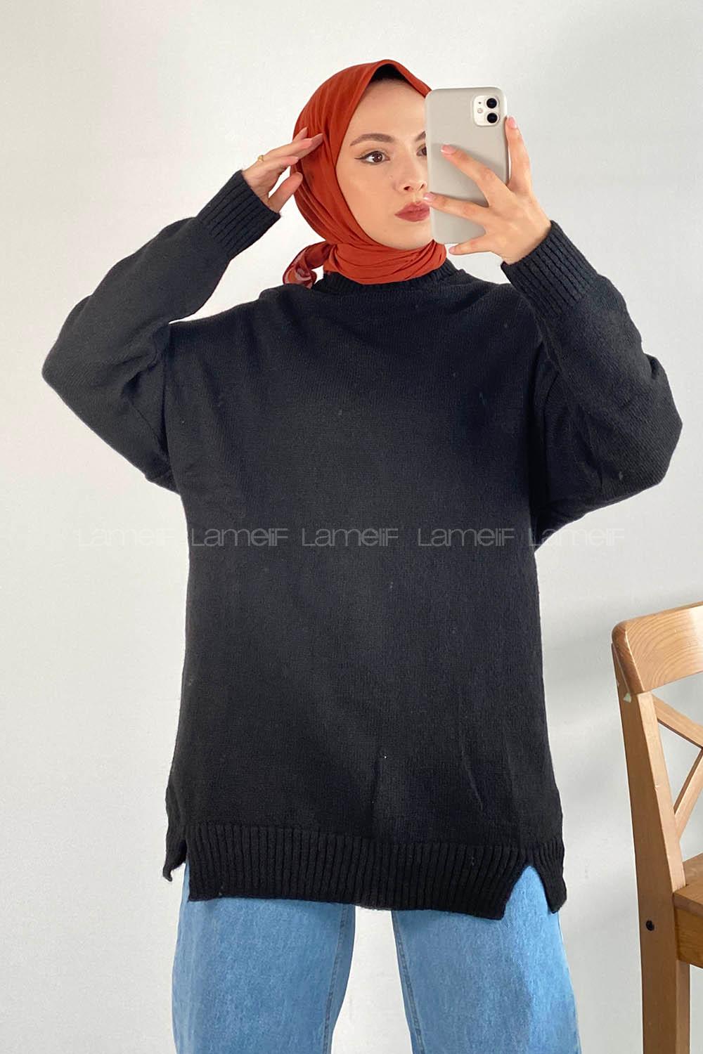 Modalamelif Bisiklet Yaka Kolu Yazı Nakış Detaylı Bertie Triko Kazak Siyah