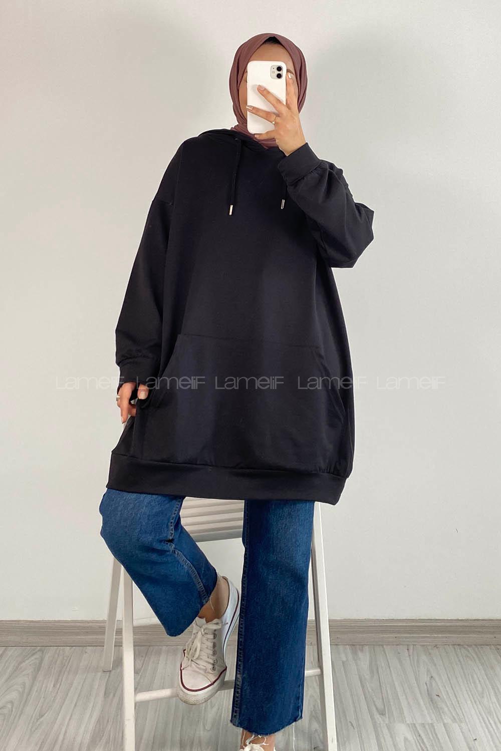 Modalamelif Kapüşonlu Kanguru Cepli Oversize Sweatshirt Siyah