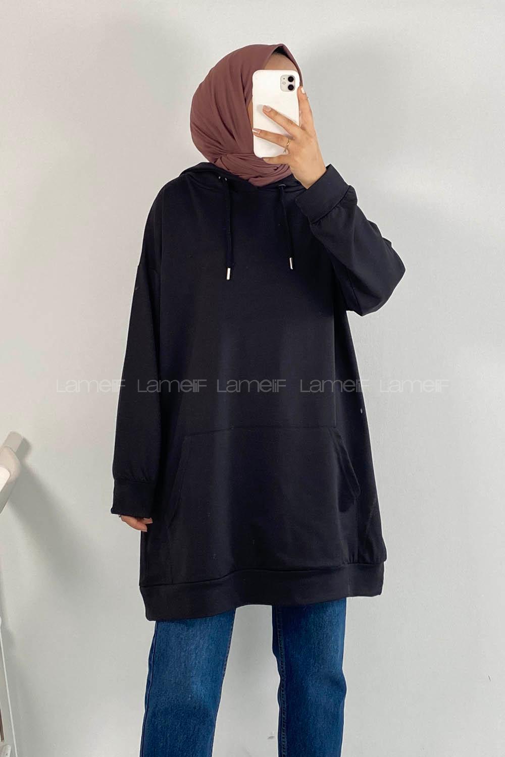 Modalamelif Kapüşonlu Kanguru Cepli Oversize Sweatshirt Siyah