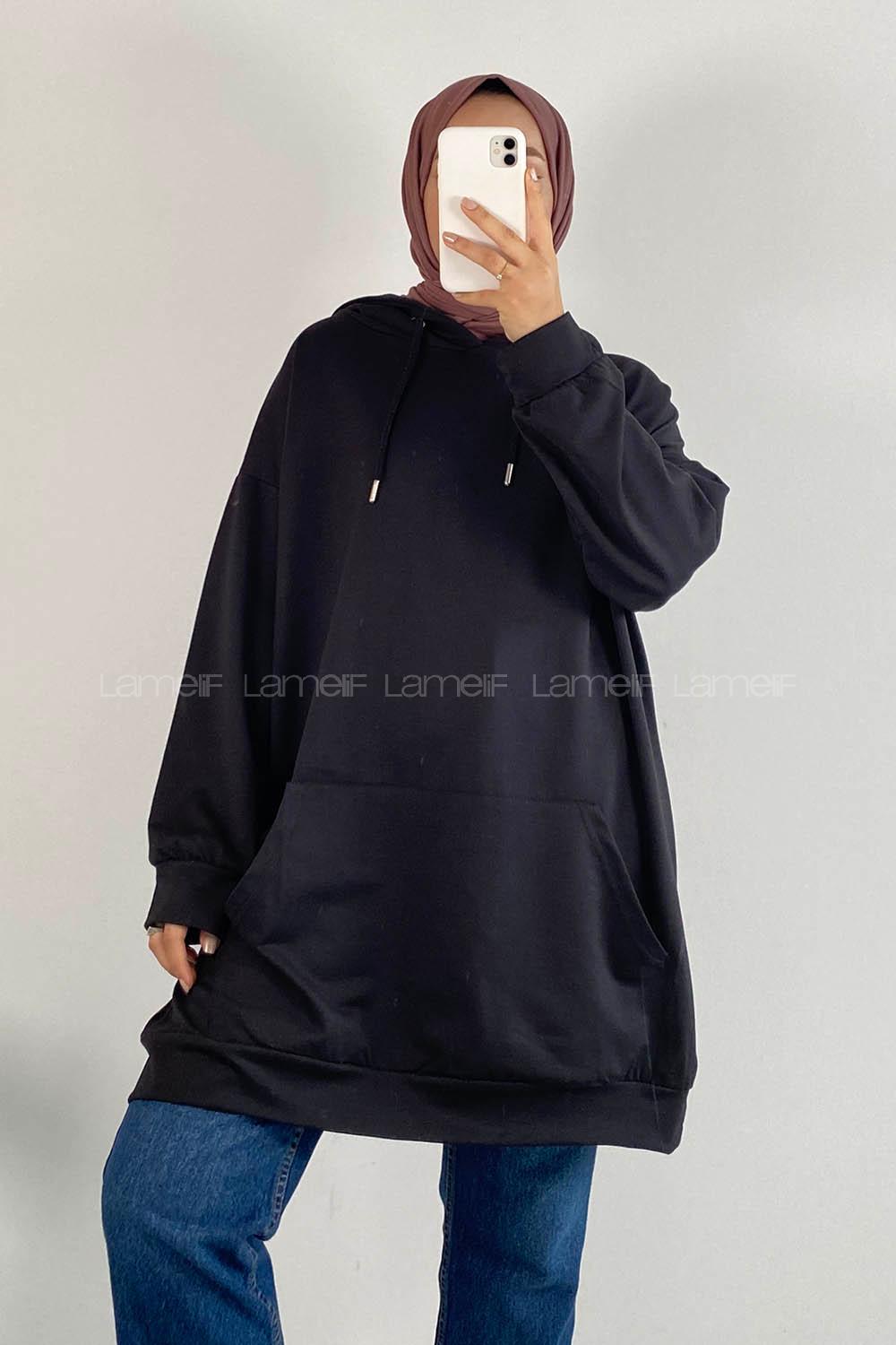 Modalamelif Kapüşonlu Kanguru Cepli Oversize Sweatshirt Siyah