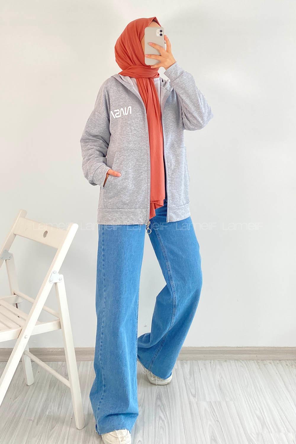 Modalamelif Nasa Baskılı Kapüşonlu Hırka Gri