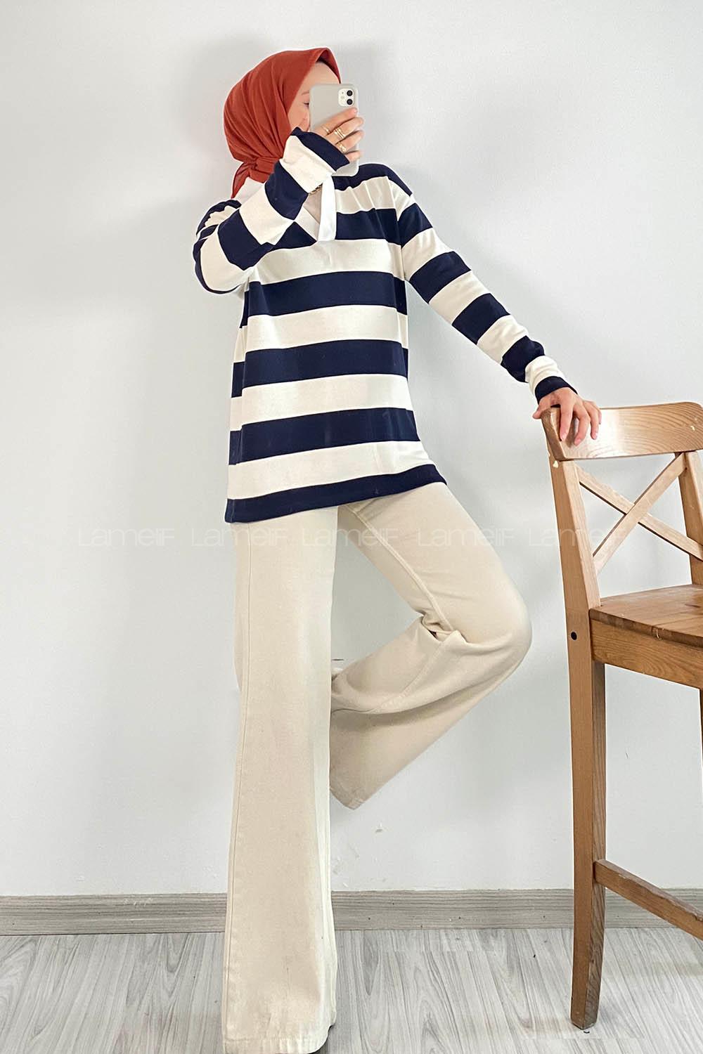 Modalamelif Polo Yaka Çizgi Şeritli Ashlee Sweat Beyaz-Lacivert