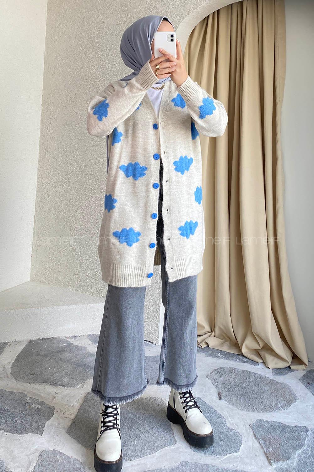 Modalamelif Boydan Düğmeli Bulut Desen Hırka Bej