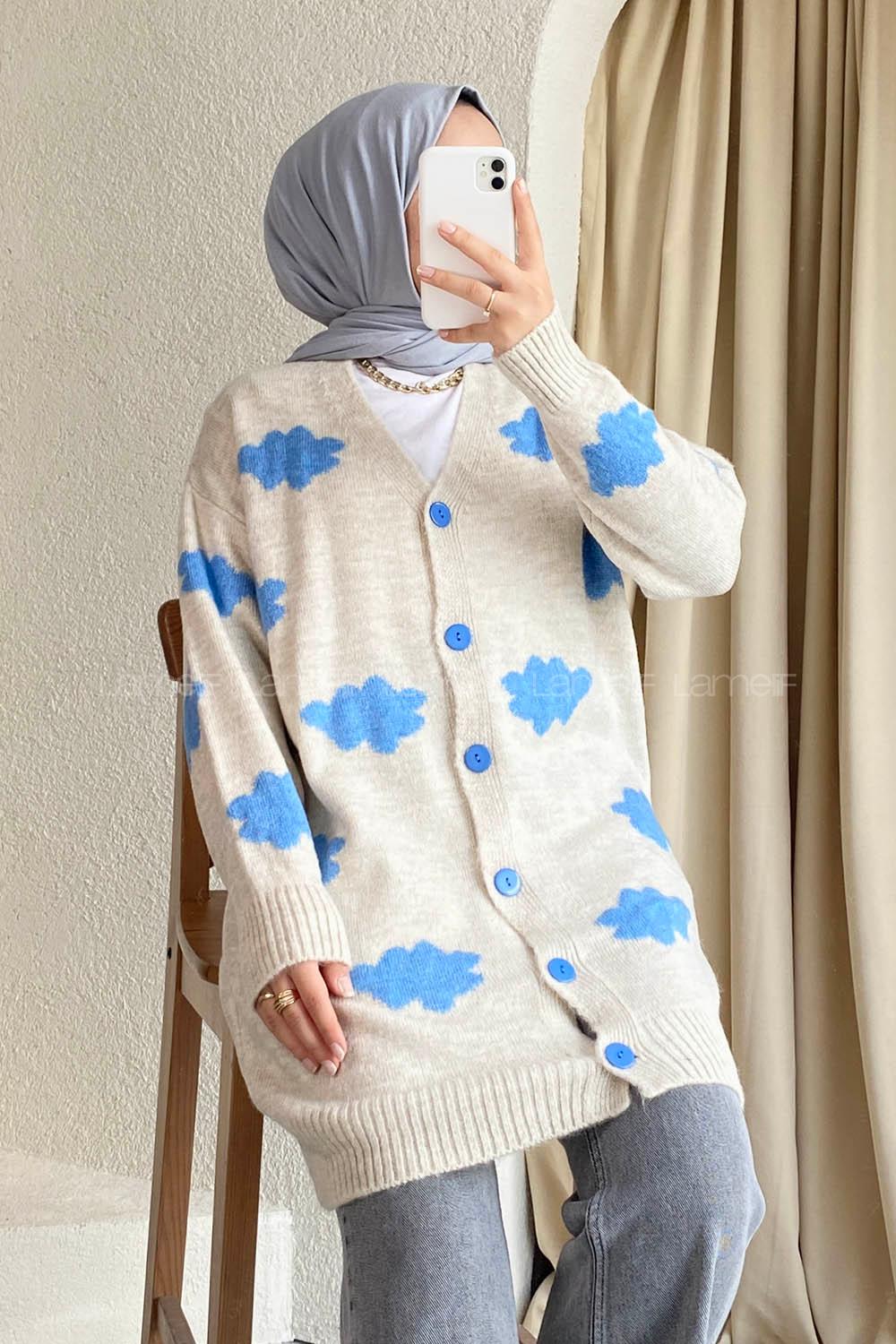 Modalamelif Boydan Düğmeli Bulut Desen Hırka Bej