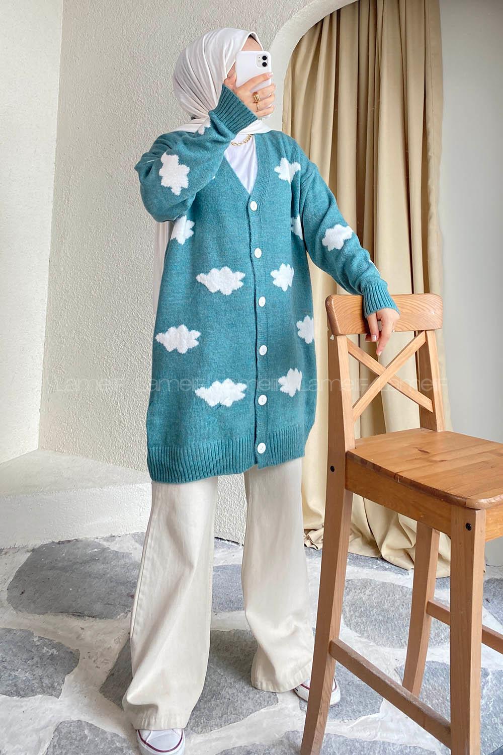 Modalamelif Boydan Düğmeli Bulut Desen Hırka Çağla Yeşili