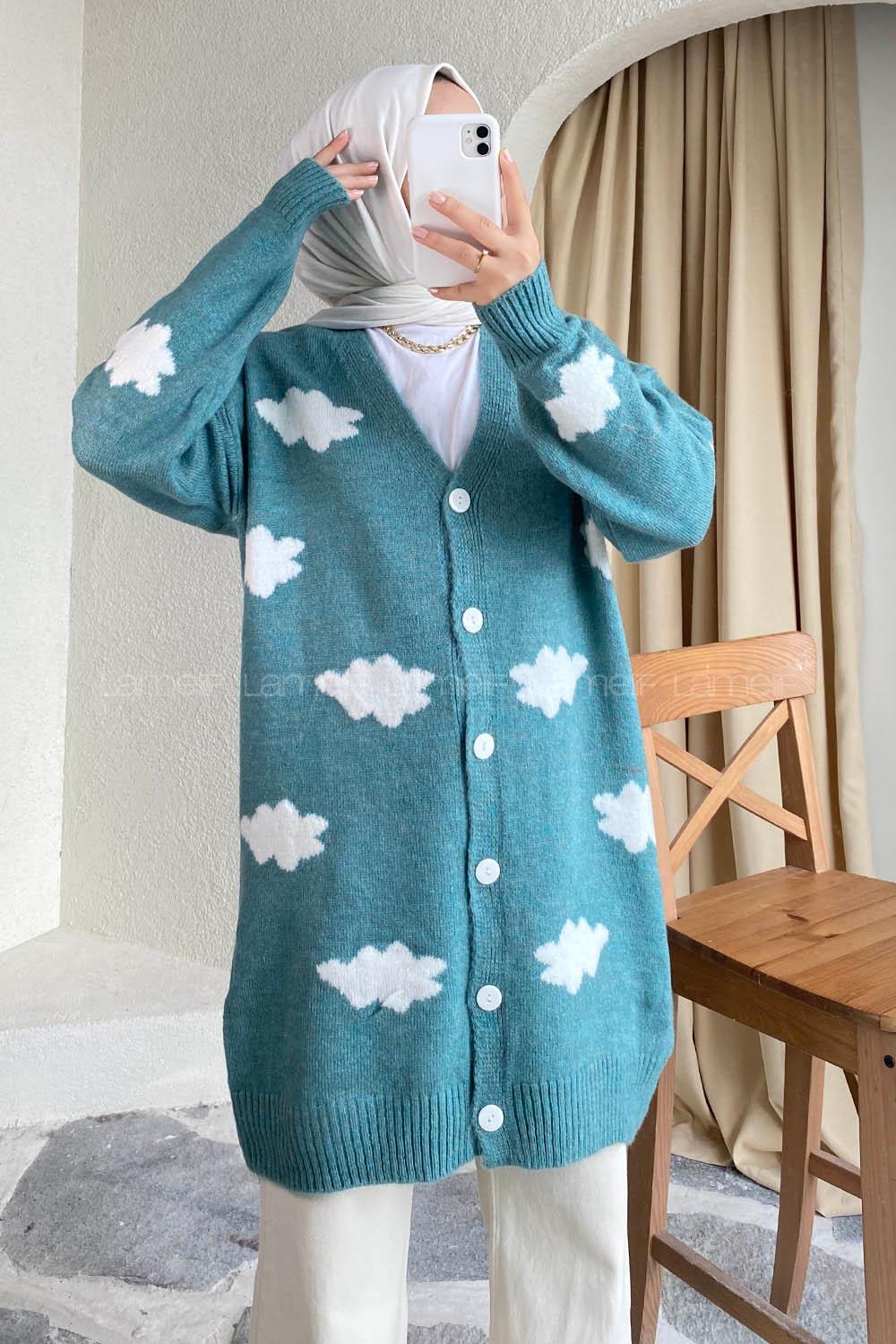 Modalamelif Boydan Düğmeli Bulut Desen Hırka Çağla Yeşili