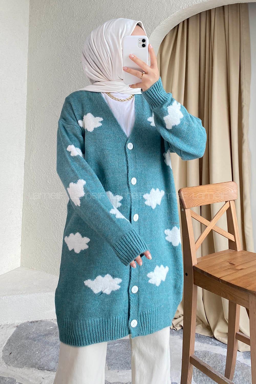 Modalamelif Boydan Düğmeli Bulut Desen Hırka Çağla Yeşili