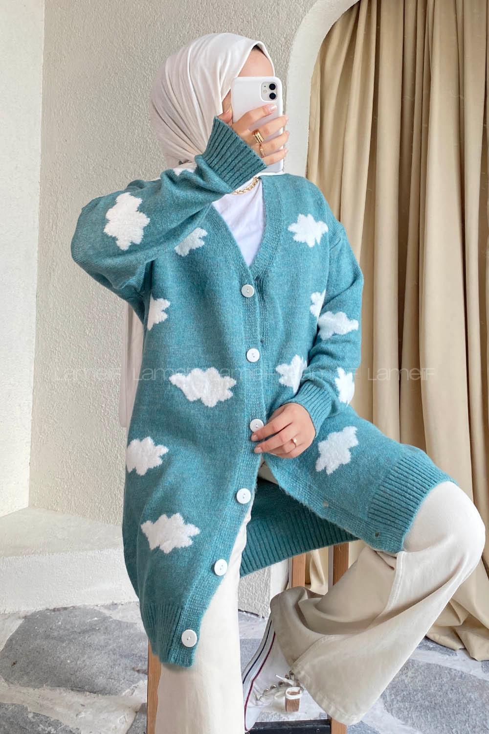 Modalamelif Boydan Düğmeli Bulut Desen Hırka Çağla Yeşili