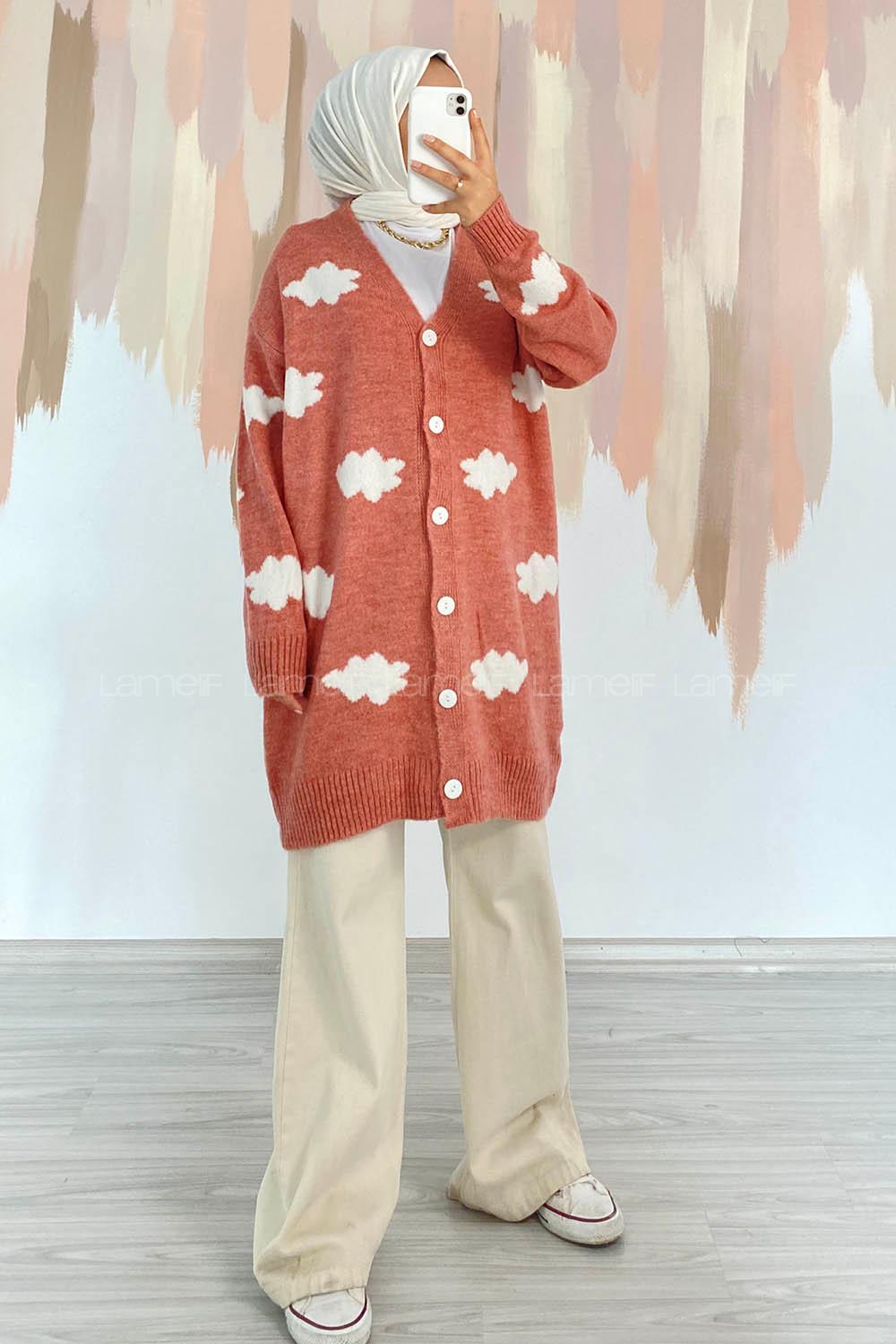 Modalamelif Boydan Düğmeli Bulut Desen Hırka Gül